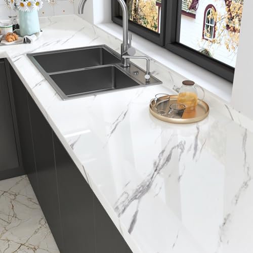 HotDecor Papel Pintado Autoadhesivo Mármol Brillante Vinilo Encimera Cocina Papel Adhesivo Para Muebles Papel Pintado Pared Salon Vinilo Blanco Para Muebles Papel Tapiz Autoadhesivo PVC 40cm x 200cm