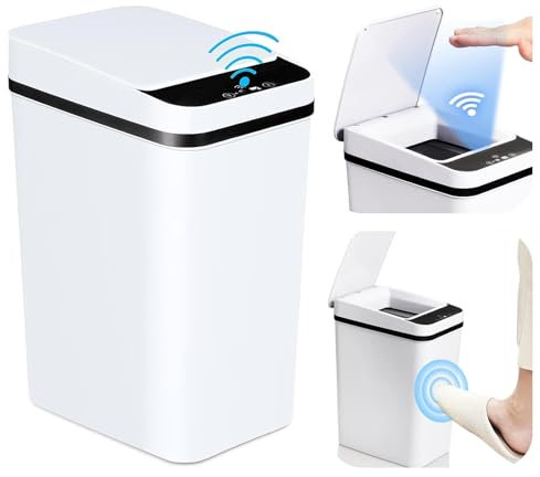 Automatischer Sensor-Mülleimer für Bad und Küche - Berührungslos mit Deckel für Büro - No Noise Wasserdicht in Weiß (12L)