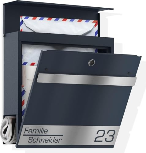 Graviers Design Briefkasten mit Zeitungsfach in Anthrazit RAL 7016 - Postkasten personalisiert Edelstahl Name Hausnummer Laserschnitt Gravur Wandbriefkasten mit Schloss