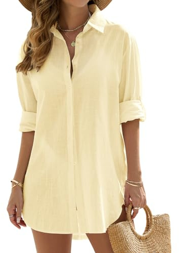 Vancavoo Vestidos de Playa Mujer Camisolas de Playa Bikini Cover Up Camisas de Manga Larga Suelta Pareos de Casual Color Sólido Blusa con Botón para Verano