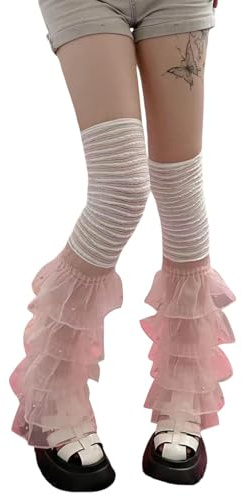 CheJooe Damen Organza Rüschen Spitze Beinstulpen gestufte Tüll Patchwork Lange Oberschenkel Hohe Socken Vintage Manschetten Mädchen Clubwear Y2k Stiefelstulpen Abdeckungen Lange Socken, A-Pearl Pink,