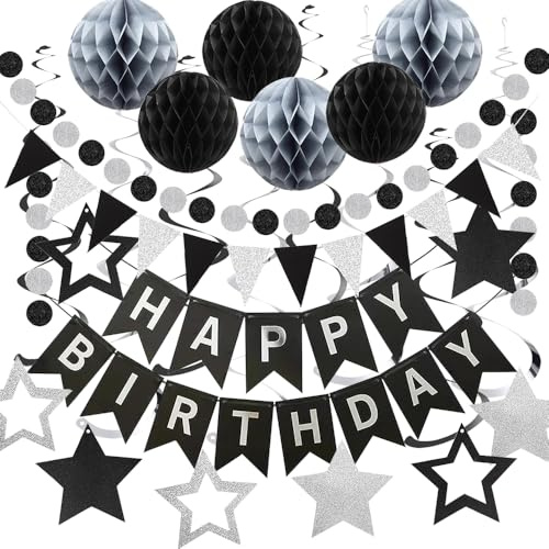 Black and Silver Birthday Decorations, Happy Birthday Banner with Honeycomb Ball, Star Hanging Swirl Streamer, Circle Dot Garland Decorations - Birthday Party Decorations for Men Boys Women Girls