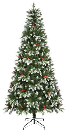 Uten Sapin de Noël Artificiel 180 cm, PE Arbre Noël Flocon Neige Luxe Décoration Intérieur, 850 Aspect Naturel Branches en PVC & PE, 31 Groupes Baies Rouges, Branches de Charnière, Réutilisable