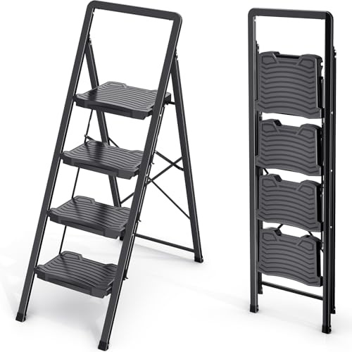 KINGRACK 4 Step Ladder, Folding Step Stool with Anti-Slip Wide Pedals, Handrail & Safety Lock, 800 lbs Capacity, Heavy Duty Steel Construction, Space Saving Portable for Home Kitchen - Black