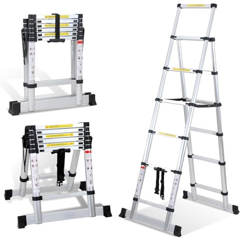 Cecaylie Échelle télescopique Pliante - 1,7 m + 2,0 m - en Aluminium - Cadre A - 5 + 6 échelons - Antidérapante - Charge maximale : 150 kg