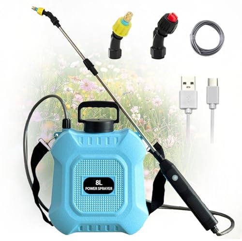 Aolawco Drucksprüher 8 Liter, Akku Gartenspritze mit 2 Verstellbaren Düsen, USB-aufladbarer Griff, Einziehbarer Stab, Verstellbarer Schultergurt, Elektrischer Unkrautspritze für Rasen, Garten