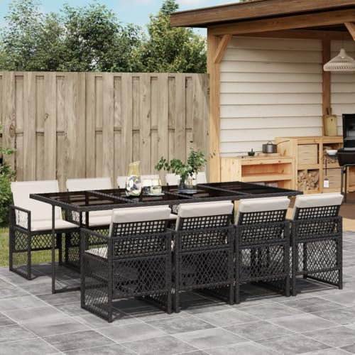 IKAYAA Polyrattan Gartenmöbel Set für 8 Personen, Garten Sitzgruppe, Essgruppe, Gartengarnitur, Rattan Sitzgarnitur, Gartentisch mit 8 Stühle & Kissen Schwarz und Creme