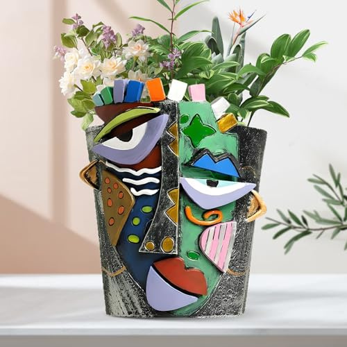 Pot de Fleurs, 20cm Visage Abstrait Vase en Résine pour Plantes Intérieur Extérieur, Unique Abstraits Cache-Pot pour Table Succulents Décoration de Maison Bureau Jardin Cadeau Créatif, Vert Bronze