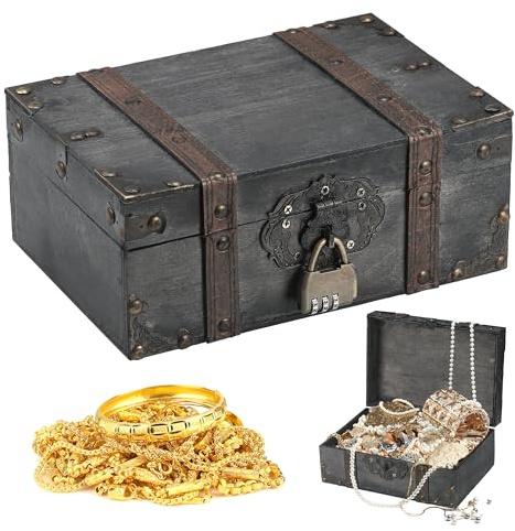 Pirate Treasure Chest, Wooden Treasure Chest with Lock, Children's Birthday Treasure Chests, Pirate Chests, Gift Box Lockable with Lid and Key for Jewellery Halloween Christmas Gifts, 23.5x16x10cm