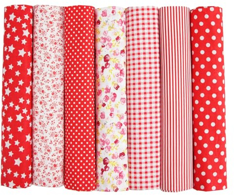 YSUY 7PCS Fat Quarters Fabric Bundles, 20x20 Precut Quilting Cotton for Sewing, Patchwork, DIY Crafts & Embroidery, Soft, Durable Material for Sewing (Red)