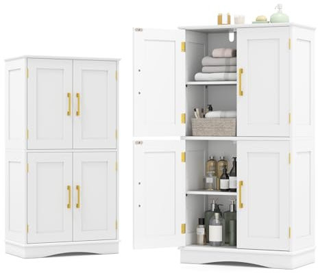 KOMFOTTEU Badezimmerschrank mit 4 Türen & 2 verstellbaren Einlegeböden, Aufbewahrungsschrank 60 x 30 x 110 cm, Badschrank stehend, Mehrzweckschrank mit Kippschutz (Weiß)