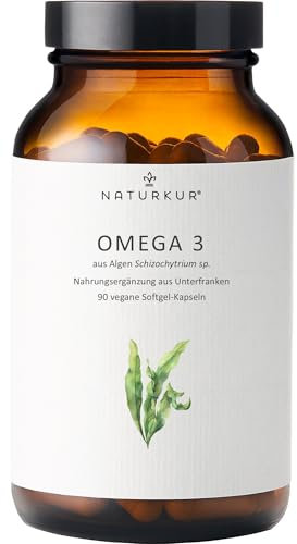 Naturkur® Omega-3 90 vegane Algenöl Softgel Kapseln im Apothekerglas - Hergestellt in Unterfranken