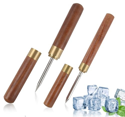 MCSDFN 2 Sizes Stainless Steel Ice Picks with Safety Cover, Non-Slip Wooden Handle Ice Breaker Tool for Kitchen, Bars, Bartender, Camping, Restaurant, Tea Knife, Pearwood