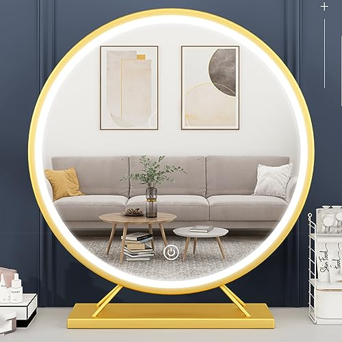 Specchio da trucco con illuminazione a LED, specchio rotondo autoportante con 3 temperature di colore, 50 cm, specchio da scrivania dorato per tavolo da toeletta, elegante e funzionale