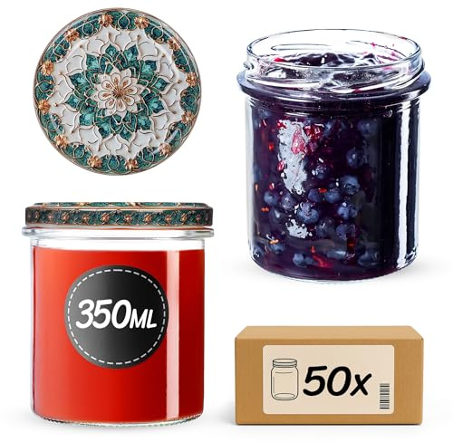 KADAX Marmeladengläser 350ml TO82, Einmachgläser Vorratsgläser Mason Jar mit Schraubdeckel, Luftdichte Schraubgläser, Honig & Konfitüre (Grün/Gold, 50 Stück)