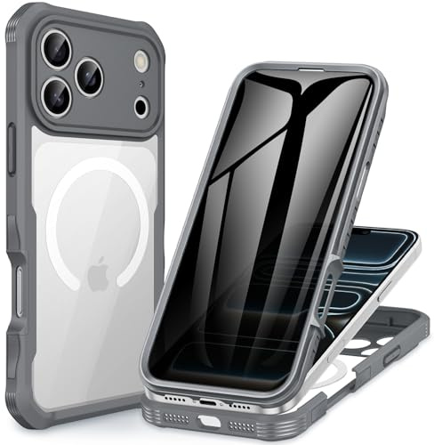 CENHUFO Kompatibel med iPhone 17 Pro Max integritetsfodral passar MagSafe, inbyggt integritetsskydd och kamera praktiskt, 360 helkroppsstötfångare telefonfodral för iPhone 17 Pro Max 6,9 tum – grå