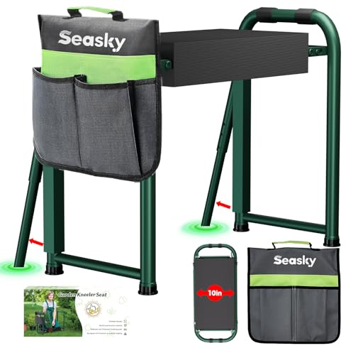 seasky Asiento plegable de jardín para arrodillarse y sentarse, banco de jardín antivuelco, almohadilla gruesa y suave, taburete de jardinería resistente con bolsa de herramientas, regalo de
