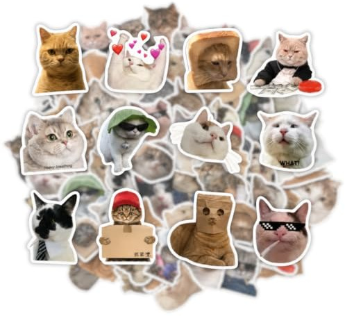 Mazo Moon 50 x Funny Cat Stickers – Waterproof Vinyl Meme Stickers for Laptops, Water Bottles, Journaling, Scrapbooking, Skateboards & Cute Cat Lover Gifts
