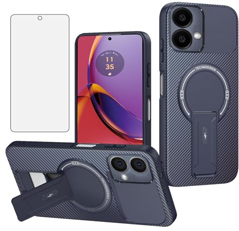 Asuwish Funda de teléfono para Motorola Moto G84 5G, funda magnética de fibra de carbono con protector de pantalla de vidrio templado y soporte duro protector, accesorios de celda fina y suave, G 84