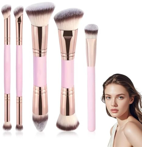 LKJAUOZ Kit 5 Pinceaux de Maquillage Professionnels Double Extrémité, Pinceau Fond de Teint, Pinceaux Maquillage Visage à Double Extrémité, Pour liquide, Crème et poudre