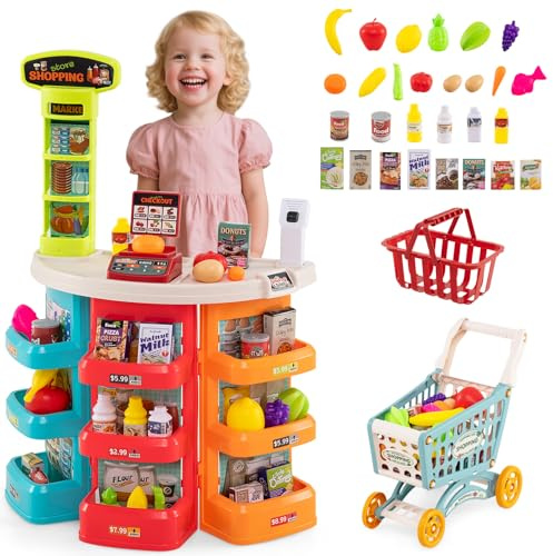 HOMASIS Supermercato Giocattolo per Bambini con Carrello della Spesa e 29 Accessori, Negozio di Alimentari con Luci e Suoni, Cassa, Bilancia e Scanner, Banco per Bambini dai 3+ Anni (Blu)