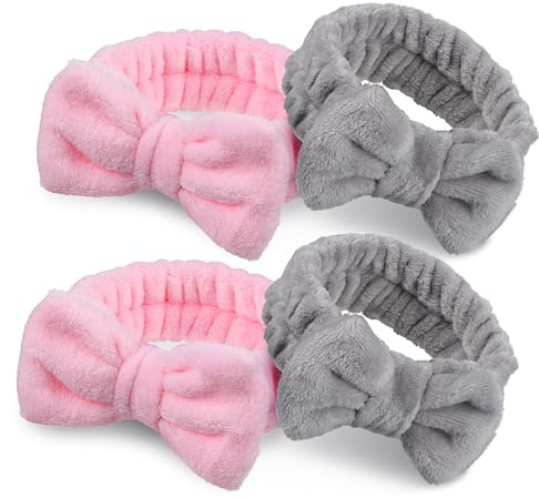 PRETYZOOM Lot de 4 Bandeaux Spa pour Visage Élastiques en Polaire 2 Gris 2 Rose pour Femmes et Filles Soins Visage Maquillage Sport Doux et Ajustables