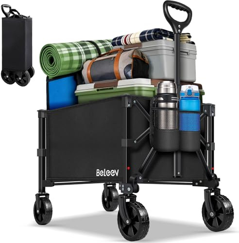 BELEEV Hopfällbar Handkärra med Mugghållare 90L upp till 100KG, HopfällbarHandkärra för Barn, Trädgårdsvagn, Kundvagn, Camping, Shoppingfestival, Robust, Hållbar för all Utomhusterräng - 90L
