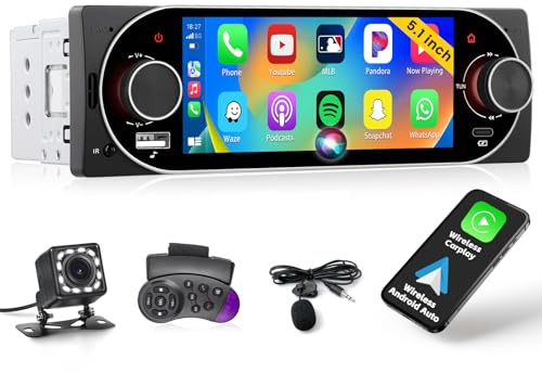 Inefala Autoradio 1 Din Wireless CarPlay Android Auto 5,1 Écran Tactile | Écran Tactile, Bluetooth, FM, Mirror Link, SWC, EQ, USB, Type-C, Caméra de Recul, Micro