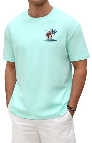 Xnova Mens Cotton T-Shirts Summer Short Sleeve Loose Fit Tops for Men Adult Graphic Tee Shirts Sunset Palm Tree Casual Crew Neck Baggy Tshirts for Beach Holiday, Lake Green, XXL