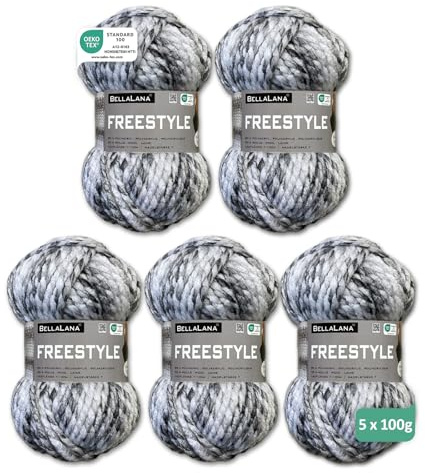 BellaLana Freestyle Wolle - Garn zum Stricken & Häkeln, Ideal für Big Knit-Looks - 80% Polyacryl, 20% Wolle, Lauflänge 100m/100g, Nadelstärke 7, 5 x 100g - Weiß-Schwarz