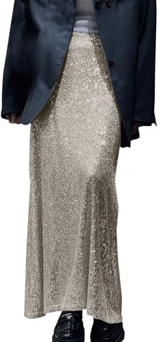 Gyllene paljettkjol damer, pennkjol damer glitter elegant festival maxikjol bröllop lång kjol hög midja vinterkjol glittrande karnevalkostymer casual långa kjolar nyårsafton omlottkjol, silver, M