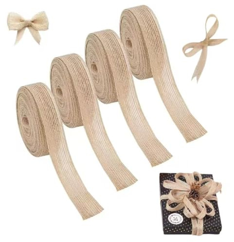 Natural Hessian Ribbon for Gift Wrapping & Crafts - 4 Rolls Jute Ribbon, 1cm x 10m (Total 40m), Rustic Brown Ribbon for DIY, Home & Wedding Decor