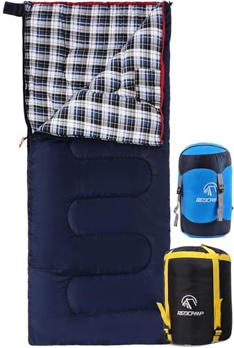 REDCAMP XL Baumwoll Schlafsack warm mit 17L Kompressionssack, Bequeme Flanell Kompakt deckenschlafsack 3-4 Jahreszeit Kaltes Wetter Outdoor Winter für Angeln Camping, Blau mit 2lbs Füllung
