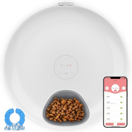 Futterautomat Katze Nassfutter,6 Mahlzeiten Nassfutterautomat für Katzen mit 2 Eispackungen WiFi App-Steuerung Timer, Wiederaufladbarer Automatischer Futterspender Katze für Trockenfutter