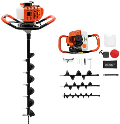 ROGONPDK 52cc bensin jordborr, staket post hål borr, golvborr & 1 extns 3 gäng Digger, jordhålsborr, 2,3 hk bensin stolpborr, jordborr + 3 x borr, för hemmabruk och byggarbetsplatser