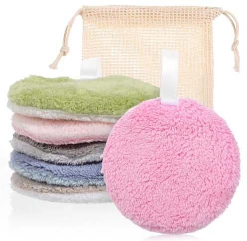 Cobee 6 Pcs Reusable Makeup Remover Pads, 6 Colors Round Eyes Makeup Remover Pads Soft Coral Fleece Facial Cleansing Face Pad Cloth with Mesh Bag for Women