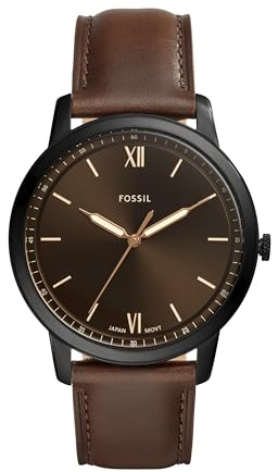 Fossil Men's Minimalist Quartz Stainless Steel and Brown Leather Three-Hand Watch for Men, 44mm Big Face, Black/Dark Brown