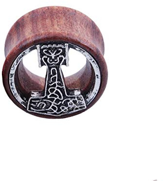 BlackAmazement Flesh Tunnel Plug Inlay Piercing Holz Wood Wikinger Mjölnir Malmer Thors Hammer Herren Damen