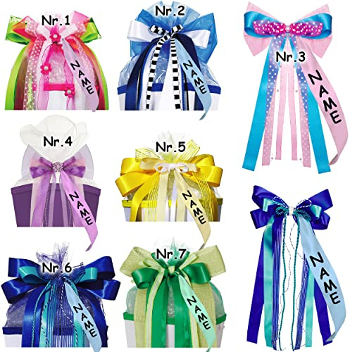 alles-meine.de GmbH große - Schleife - für Schultüte - gelb & weiß - inkl. Name - 60 cm lang - mit edlen Satin Bändern + Webband + Tüllband - für Geschenk und Zuckertüte - Gesche..