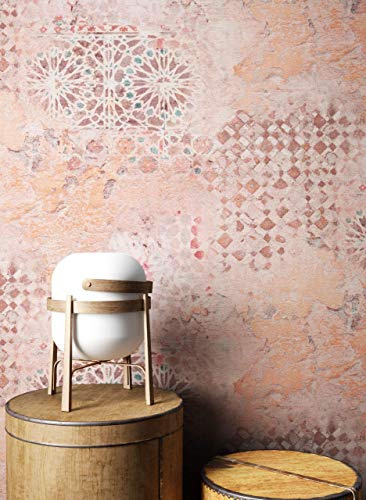 Newroom Vliestapete Orange Betonoptik Vintage Tapete Wohnzimmer | Verwitterte Beton- und Freskenoptik, orientalische Ornamente, Apricot-Orange, Boho Vintagetapete, Betontapete, Schlafzimmer