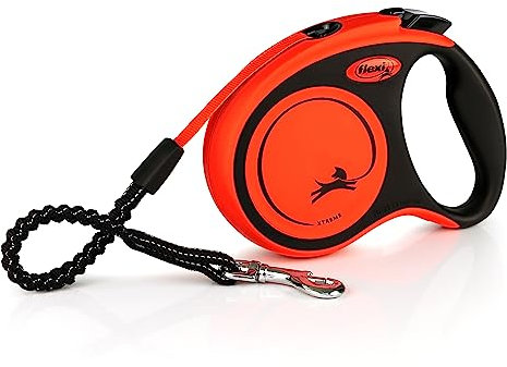 flexi® Xtreme S Gurt 5 m schwarz, extrem beißfester oranger Gurt, extra robuste Roll-Leine für Hunde bis 20 kg