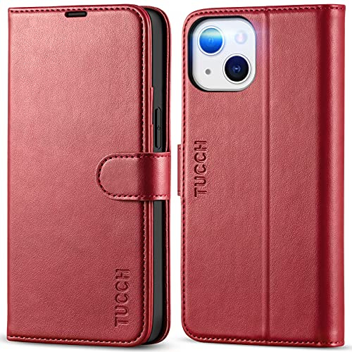 TUCCH Funda Cuero para iPhone 13 Mini 5,4 2021, Rojo Oscuro | Bloqueo RFID, Cáscara TPU, Ranura para Tarjeta, Soporte Plegable, Tipo Libro, Cierre Magnético