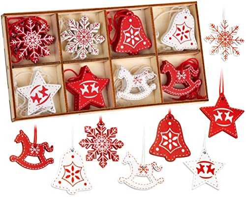 BRUBAKER 24-TLG. Weihnachtsanhänger Set - Baumschmuck Rot Weiß aus Holz | 3-4 cm Schaukelpferde Sterne Glocken - Dekohänger Weihnachten - Holzanhänger Weihnachtsbaum - Christbaumschmuck
