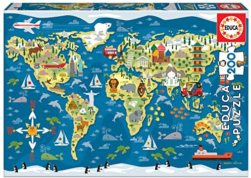 Educa - Kinderpuzzle Weltkarte | 200 Teile Lernpuzzle | Weltkarte Kinder, Landkarte Lernspielzeug | ab 6 Jahren (19292)