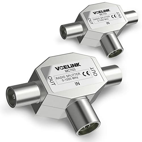 VCELINK Antennenverteiler 2Fach, Antennenkabel Verteiler, T-Adapter Verteiler 2x Koax Stecker für Digitales TV und Kabel TV, Geschirmtes Metallgehäuse, T-Kupplung 0-1000Mhz, Silber, 2 Stück