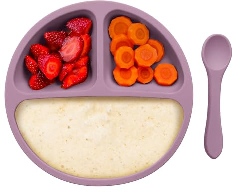 kidoo - Vajilla para Bebé de Silicona con Diseño Ergonómico, Alimentación Infantil Libre de BPA, Accesorio de Aprendizaje y Destete (Plato + Cuchara, Violeta)