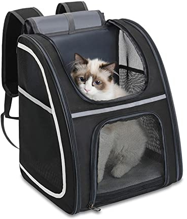 PETCUTE Hundbärarryggsäck, vikbar kattbärarryggsäck för katter och små hundar, kattryggsäck med god ventilation och avtagbar ullmatta, inre säkerhetsrem för resor camping, flygbolagsgodkänd