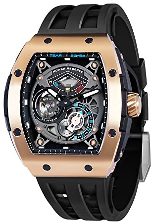 TSAR BOMBA Uhren Herren Automatik Uhr Herren Automatik Uhr Herren Mechanisch Skeleton Armbanduhr Herren Tonneau Analog wasserdichte Herren Uhr Fkm Fluorkautschuk Armband Luxus Herrenuhr Geschenke