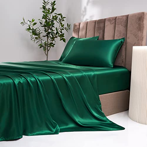 Damier Spannbettlaken 180x200cm Grün Dunkelgrün Satin Seide Glänzend Bettlaken Hochwertiges Deluxe Unifarben Spannbetttuch, Geeignet für Matratzen bis 30cm
