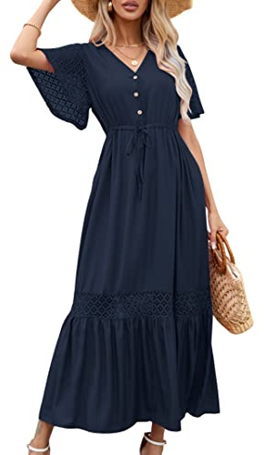 KOJOOIN Sommarklänning för kvinnor, spets, kortärmad, maxiklänning, boho, strandklänning, lång volangklänning, V-ringad, fritidsklänning med knappar, festklänning (förpackning, återanvändbar